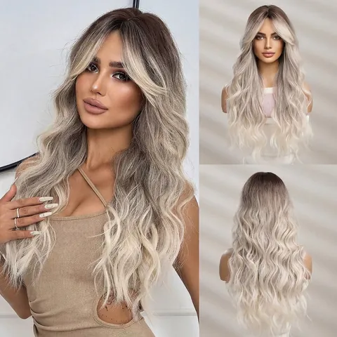 Women Long Wavy Ombre Wig Synthetic Heat Resistant Hair Black Gradient Gray Full Head Wig With Curtain Bangs Fashion Hairpiece For Daily Party