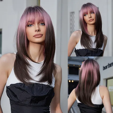High Temperature Fiber Long Straight Wig With Bangs Pink Gradient Dark Brown Ombre Punk Cosplay Daily Fashion Synthetic Hair Wig