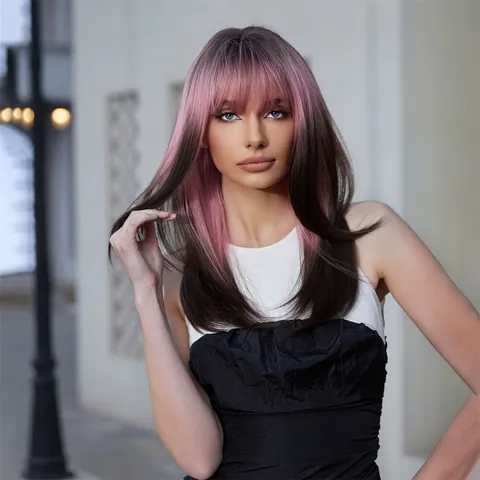High Temperature Fiber Long Straight Wig With Bangs Pink Gradient Dark Brown Ombre Punk Cosplay Daily Fashion Synthetic Hair Wig