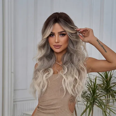 Women Long Wavy Ombre Wig Synthetic Heat Resistant Hair Black Gradient Gray Full Head Wig With Curtain Bangs Fashion Hairpiece For Daily Party