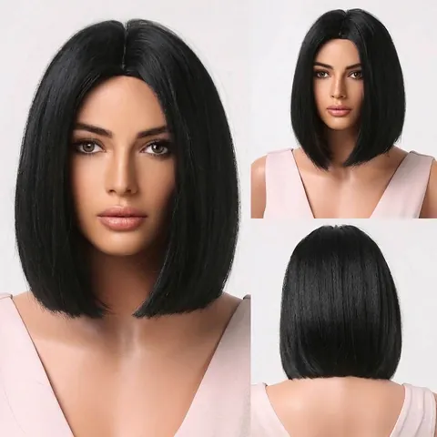 Peluca Bob Negra para Mujer Pelo Sintético Liso Corto Aspecto Natural Fibra Resistente al Calor Uso Diario Fiesta Moda