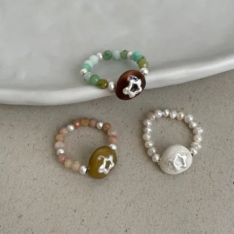 Natural Stone Artificial Pearl Floral Elastic Ring Vintage Chinese Style Star Pattern Stretch Finger Ring For Women Jewelry