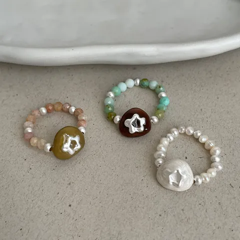 Natural Stone Artificial Pearl Floral Elastic Ring Vintage Chinese Style Star Pattern Stretch Finger Ring For Women Jewelry