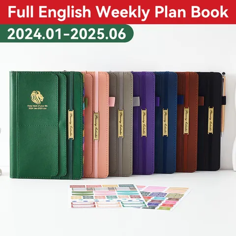 18 Months English Planner Jan 2024 To Jun 2025 Faux Leather Notebook A5 Daily Weekly Monthly Schedule Organizer Stickers