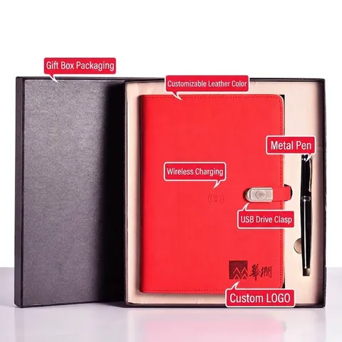 Business Wireless Charging Notebook Set With 8000mAh Power Bank Pen A5 PU Leather Loose Leaf Diary Office Stationery Gift Box