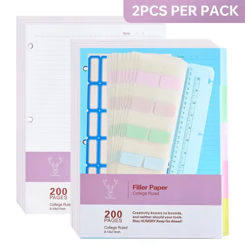 Ensemble de Feuilles Mobiles à Trous Universels Papier Recharge College Ruled Avec Onglets d'Index Règle Étiquettes pour Organisateur de Carnet