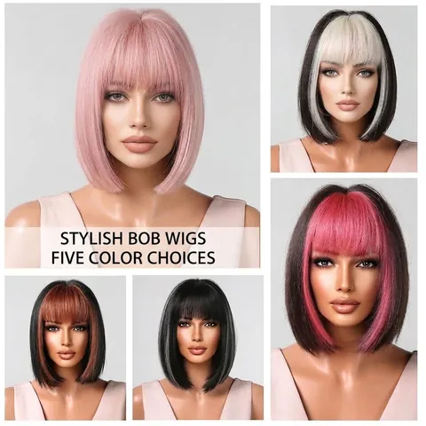 Women's Short Straight Bob Wig With Straight Bangs High Temperature Synthetic Fiber Heat Resistant Full Head Cover Wig Multiple Colors