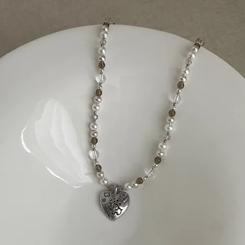 Vintage Relief Elefant Blume Herz Anhänger Perlenkette Für Damen Nische Leichter Luxus Mode Schmuck Verstellbare Schlüsselbeinkette