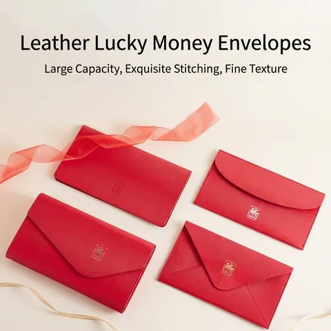 Sobre Rojo de Año Nuevo Chino Bolsa de Dinero de Cuero de PU Estampado en Oro Patrón Floral Bolsa de Hongbao de la Suerte Para Festival de Primavera Boda