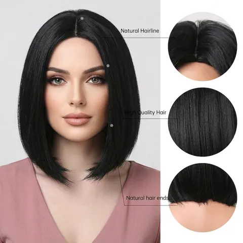 Peluca Bob Negra para Mujer Pelo Sintético Liso Corto Aspecto Natural Fibra Resistente al Calor Uso Diario Fiesta Moda