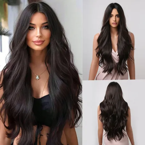 Peluca Sintética Larga Ondulada Rizada para Mujer Negro Natural Marrón Fibra Resistente al Calor Moda Peluca para Fiesta Diaria