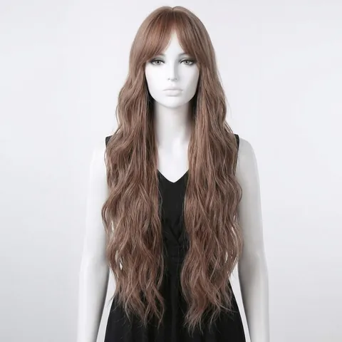 Peluca Sintética Marrón Larga Ondulada Estilo Occidental para Mujer Grandes Ondas Flequillo Dividido Aspecto Natural Cabeza Completa