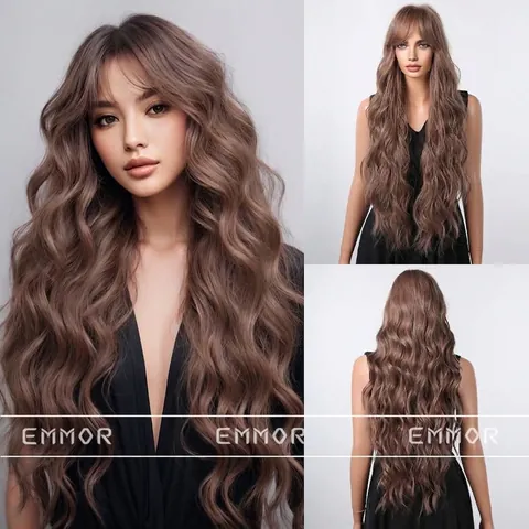Peluca Sintética Marrón Larga Ondulada Estilo Occidental para Mujer Grandes Ondas Flequillo Dividido Aspecto Natural Cabeza Completa