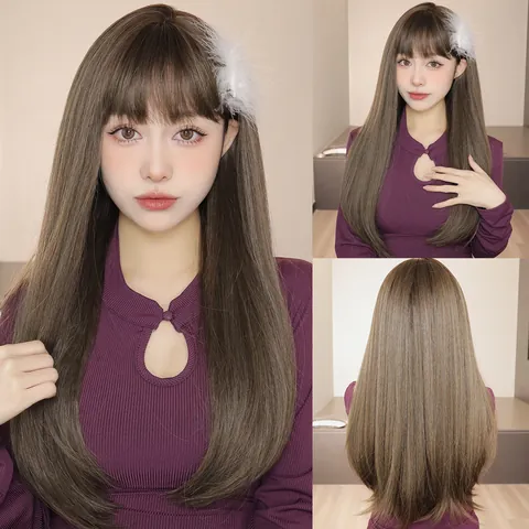 Peluca Sintética Larga y Lisa de Estilo Coreano Con Flequillo Recto Marrón Natural Fibra Resistente al Calor Peluca Completa para Mujer Moda