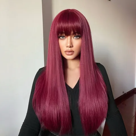 Perruque Longue Et Lisse Pour Femmes À La Mode Cheveux Synthétiques Résistants À La Chaleur Avec Frange Droite Look Naturel Pour Fête Quotidienne