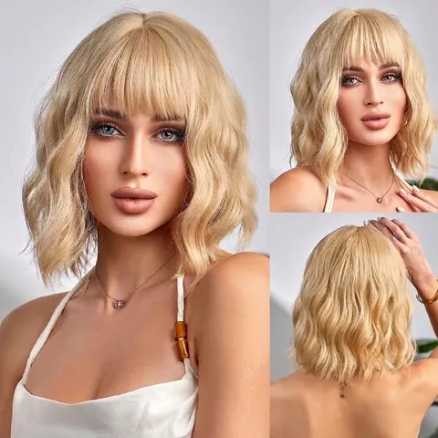 Perruque Bob Courte Ondulée Avec Frange Fibre Synthétique Résistante à la Chaleur Perruque Tête Entière Pour Femmes Usage Quotidien Cosplay Coiffure Bob Plusieurs Couleurs
