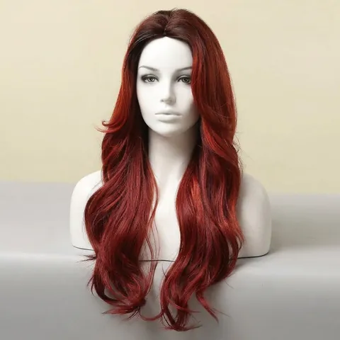 Peluca Sintética Larga Ondulada para Mujer Rojo Degradado Marrón con Reflejos Raya al Medio Ondas Grandes para Cosplay Moda Diaria