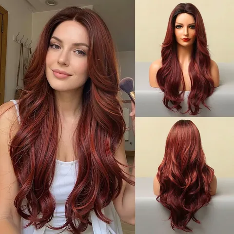 Peluca Sintética Larga Ondulada para Mujer Rojo Degradado Marrón con Reflejos Raya al Medio Ondas Grandes para Cosplay Moda Diaria