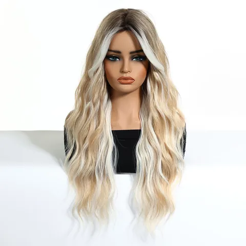 Women Long Curly Wig Ombre Gold Brown Gradient Synthetic High Temperature Fiber Full Head Cover Natural Wave Daily Party Wigs
