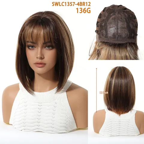 Short Straight Bob Wig With Bangs For Women Synthetic High Temperature Fiber Ombre Brown Blonde Highlighted Natural Looking Heat Resistant Full Wig
