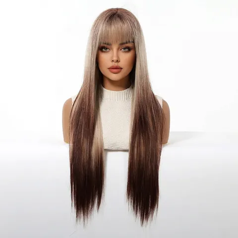 Women's Long Straight Synthetic Wig With Flat Bangs Ombre Gradient Brown Orange Ash Heat Resistant Fiber Wig For Cosplay