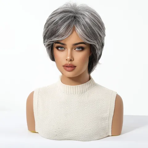 Women's Short Silver Grey Wig Middle-Aged Natural Synthetic Heat Resistant Fiber Pixie Cut Layered Wig For Daily Wear