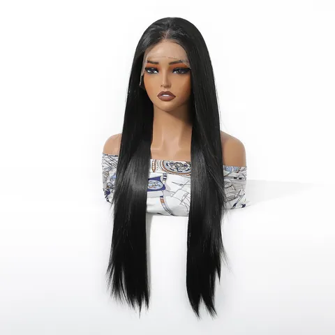 13x6 Lace Front Wig 30 Inch Long Straight Synthetic Hair Natural Black Middle Part Heat Resistant Full Head Wig For Women