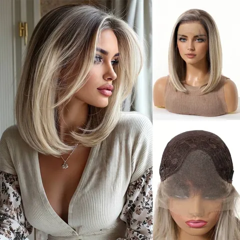 Women Short Bob Lace Front Wig Ombre Blonde Synthetic High Temperature Fiber Machine Made Full Wig For Daily Party