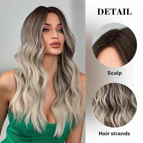 Middle Part Long Wavy Synthetic Wig For Women Ombre Black To Grey Textured Perm Heat Resistant Fiber Full Hair Wig Cap