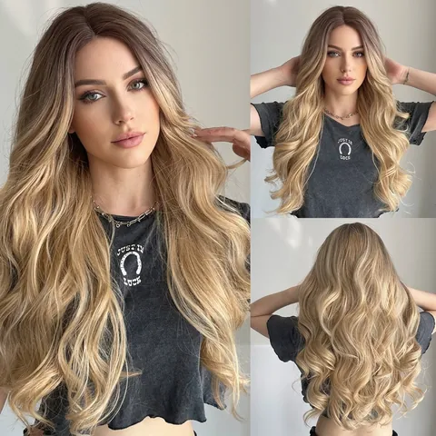 Parrucca Lunga Ondulata da Donna Riga in Mezzo Grande Onda Ombre Biondo Marrone Zenzero Borgogna Nero Fibra Sintetica Termoresistente