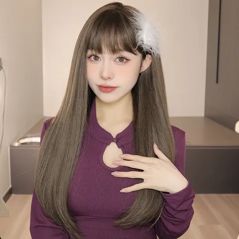 Peluca Sintética Larga y Lisa de Estilo Coreano Con Flequillo Recto Marrón Natural Fibra Resistente al Calor Peluca Completa para Mujer Moda