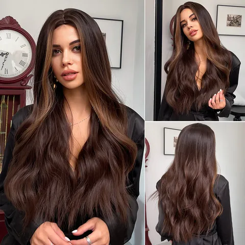 Long Wavy Synthetic Wigs Ombre Brown Blonde Middle Part Heat Resistant Fiber Hair Wigs For Women Daily Party Use