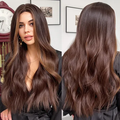 Long Wavy Synthetic Wigs Ombre Brown Blonde Middle Part Heat Resistant Fiber Hair Wigs For Women Daily Party Use