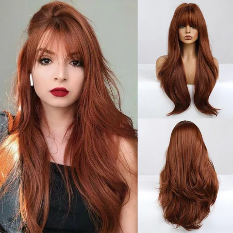Peluca Sintética Larga y Rizada Con Flequillo de Aire Cabello Ondulado Natural Resistente al Calor para Mujer Cosplay Halloween Navidad Fiesta