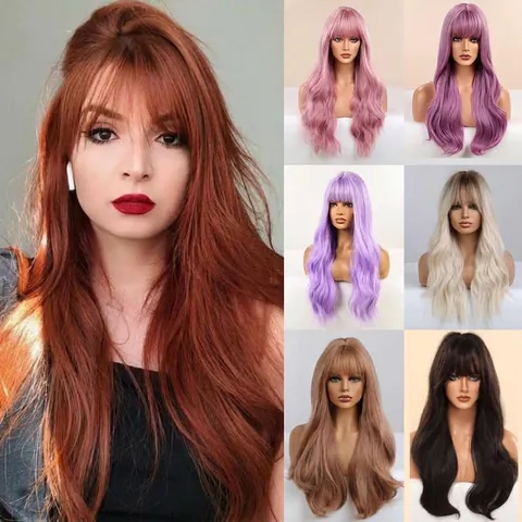 Peluca Sintética Larga y Rizada Con Flequillo de Aire Cabello Ondulado Natural Resistente al Calor para Mujer Cosplay Halloween Navidad Fiesta