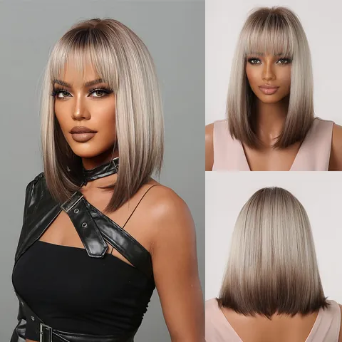 Short Straight Ombre Grey Bob Wig With Bangs Synthetic Heat Resistant Fiber Full Head Wig For Women Daily Cosplay Fashion Wig