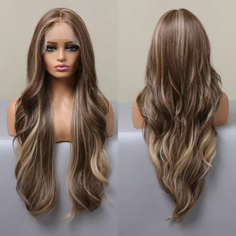 Μακριά Κυματιστή Περούκα Lace Front για Γυναίκες Όμπρε Καφέ Ξανθό Συνθετική Ίνα Μικτό Χρώμα Χωρίστρα στη Μέση Ανθεκτική στη Θερμότητα