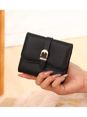 Women's Fashion Short PU Leather Wallet Multi-card Slot Belt Buckle Litchi Pattern Small Card Holder Rhinestone Coin Purse Portable Student Wallet