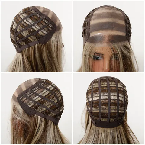 Perruque Synthétique Longue Lisse avec Raie Mono sans Colle pour Femmes Marron Méché Naturel Extensions de Cheveux en Fibre Résistante à la Chaleur