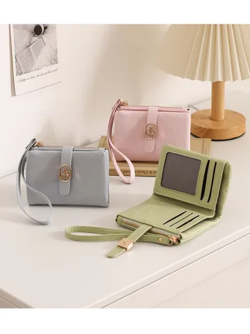 Women Short Wallet Cracked Texture PU Leather Multi-Functional Card Holder Coin Purse With Leaf Buckle Wrist Strap Fashion Small Money Clip
