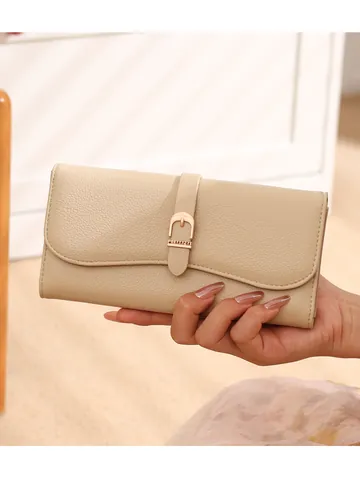 Women Fashion Long Wallet Large Capacity PU Leather Lychee Pattern Multi Card Slot ID Clutch Bag Belt Buckle Handbag Purse