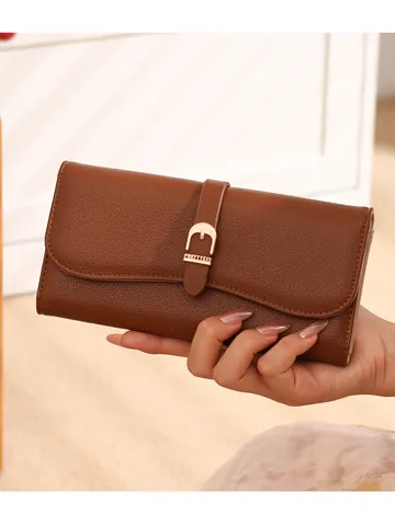Women Fashion Long Wallet Large Capacity PU Leather Lychee Pattern Multi Card Slot ID Clutch Bag Belt Buckle Handbag Purse