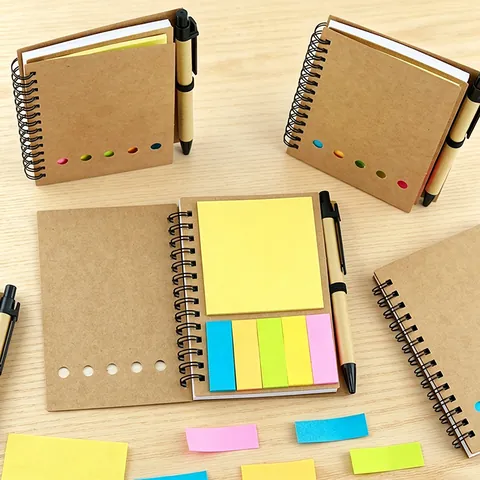 Eco Kraft Paper Spiral Notebook With Pen Colored Sticky Notes Index Tabs Lined Pages For Office School Supplies Business Gift