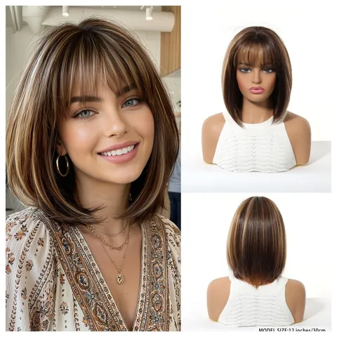 Short Straight Bob Wig With Bangs For Women Synthetic High Temperature Fiber Ombre Brown Blonde Highlighted Natural Looking Heat Resistant Full Wig