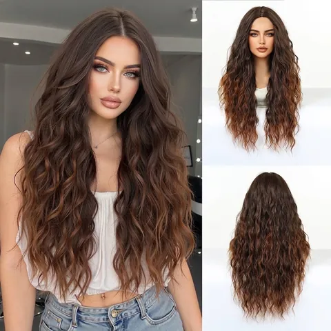 Perruque Longue Bouclée Afro-Latine pour Femmes Ombré Brun Noir 28 Pouces Fibre Synthétique Résistante à la Chaleur Perruque Tête Complète Mode Quotidienne