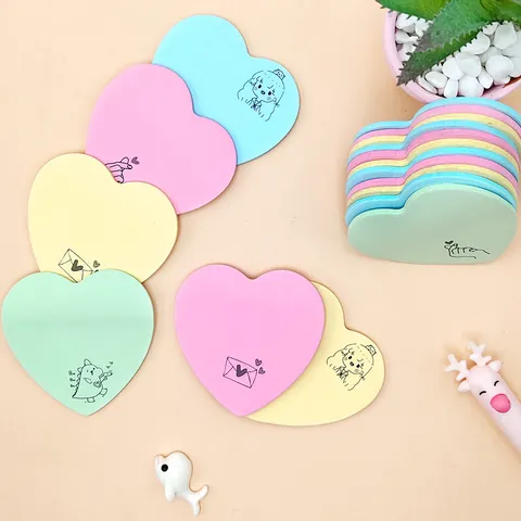 Notas Adhesivas Lindas en Forma de Corazón Colores Macaron Bloc de Notas Patrón de Dibujos Animados Papelería Escolar Oficina