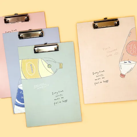 Cartoon Creative Fiberboard A4 Clipboard With Strong Metal Clip Cute Drinks Pattern Morandi Colors Writing Pad Office School Document Organizer