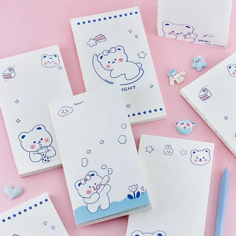 Cute Cartoon White Bear Journal Notebook 16x9cm 66 Sheets Bareback Binding Grid Lined Writing Pad For Student Office Stationery