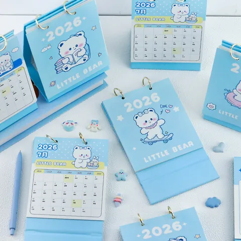 Calendario de Escritorio 2026 Lindo Oso Blanco Dibujos Animados Estilo Curativo Calendario Mensual de Papel para Oficina Estudiantes