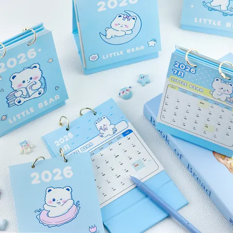 Calendario de Escritorio 2026 Lindo Oso Blanco Dibujos Animados Estilo Curativo Calendario Mensual de Papel para Oficina Estudiantes